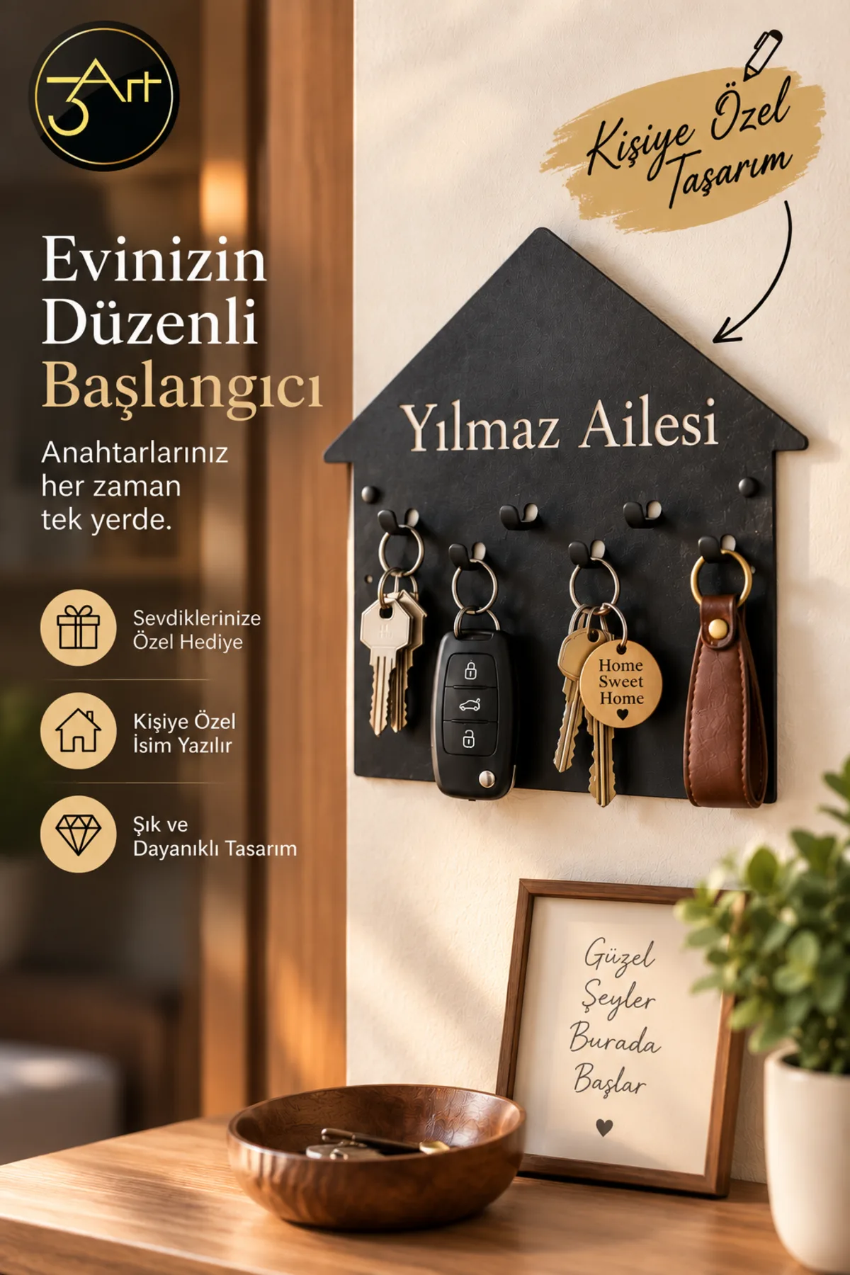 Kişiye Özel Aile İsimli Metal Anahtarlık Askısı – Ev Figürlü Duvar Tipi Anahtar Düzenleyici