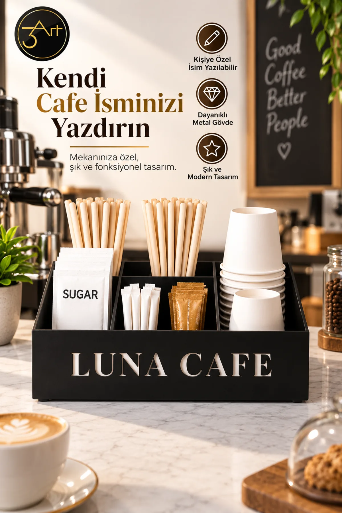 Kişiye Özel Cafe Düzenleyici Organizer – Metal Kahve Barı Bardak, Pipet ve Şeker Standı